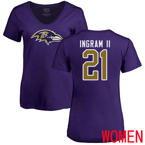 Baltimore Ravens Purple Women Mark Ingram II Name and Number Logo NFL Football #21 T Shirt